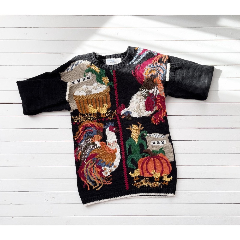 cottagecore sweater vtg Ashley black chicken rooster farm embroidered sweater